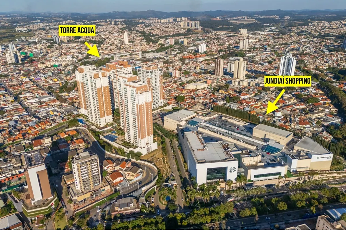 Vista aérea: a Torre Aqua e o Jundiaí Shopping ao lado · Apartamento de 3 suítes com vista livre em Jundiaí